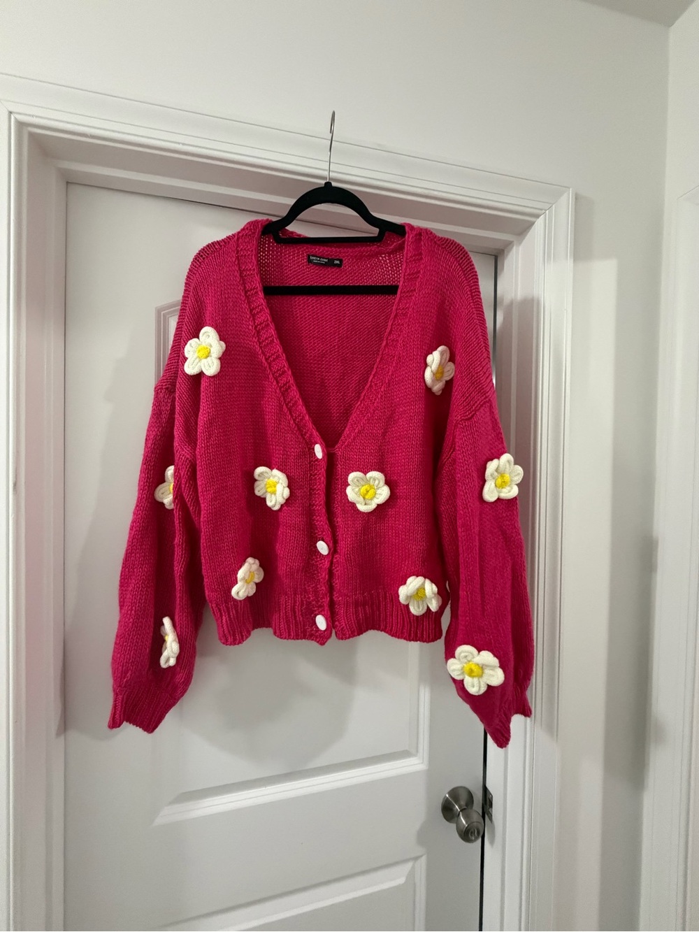 SHEIN Hot Pink Knit Cardigan with Daisy Appliqués